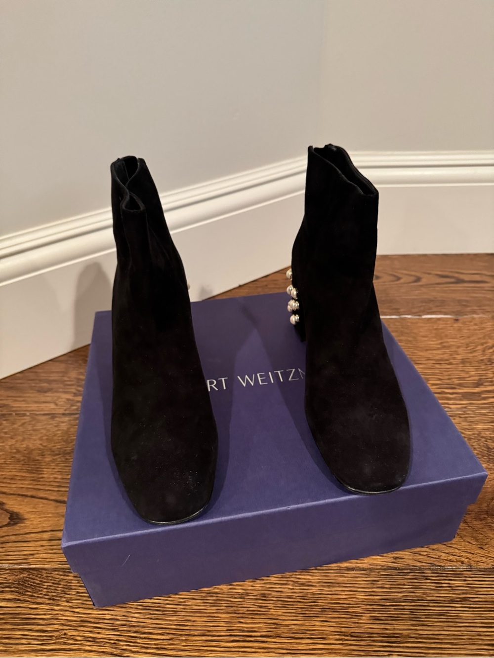 Stuart Weitzman “Pearl Bacari” Black Suede Ankle Boots with Pearl Side Detail